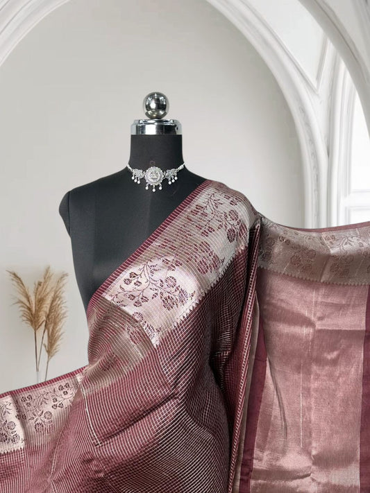 Pure Banarasi Check with Floral Border Brown