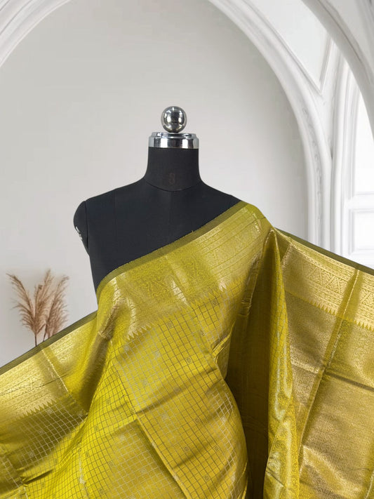 Semi Silk Tissue saree Checks with Triangle Border Olive Green