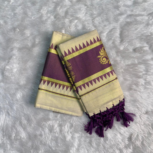 Premium Cotton Kasavu Purple with Tassels