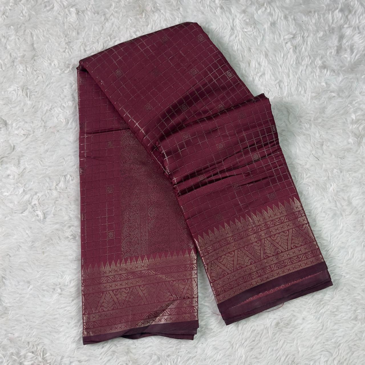 Semi Silk Tissue saree Checks with Triangle Border Maroon