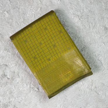 Semi Silk Tissue saree Checks with Triangle Border Olive Green