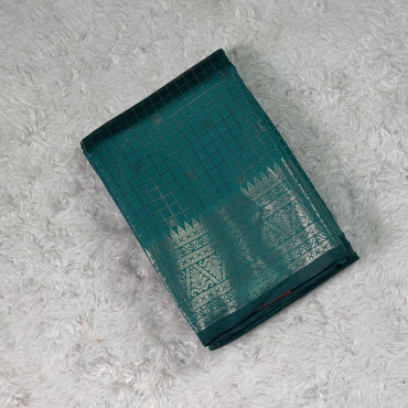 Semi Silk Tissue saree Checks with Triangle Border Dark Green