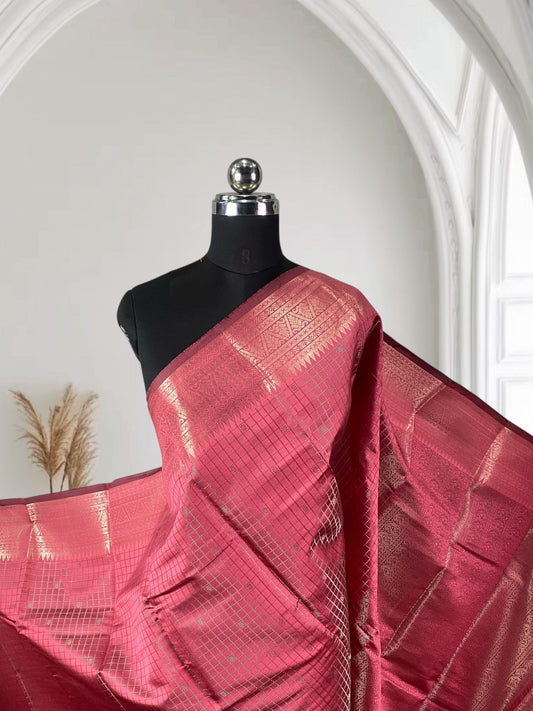 Semi Silk Tissue saree Checks with Triangle Border Red