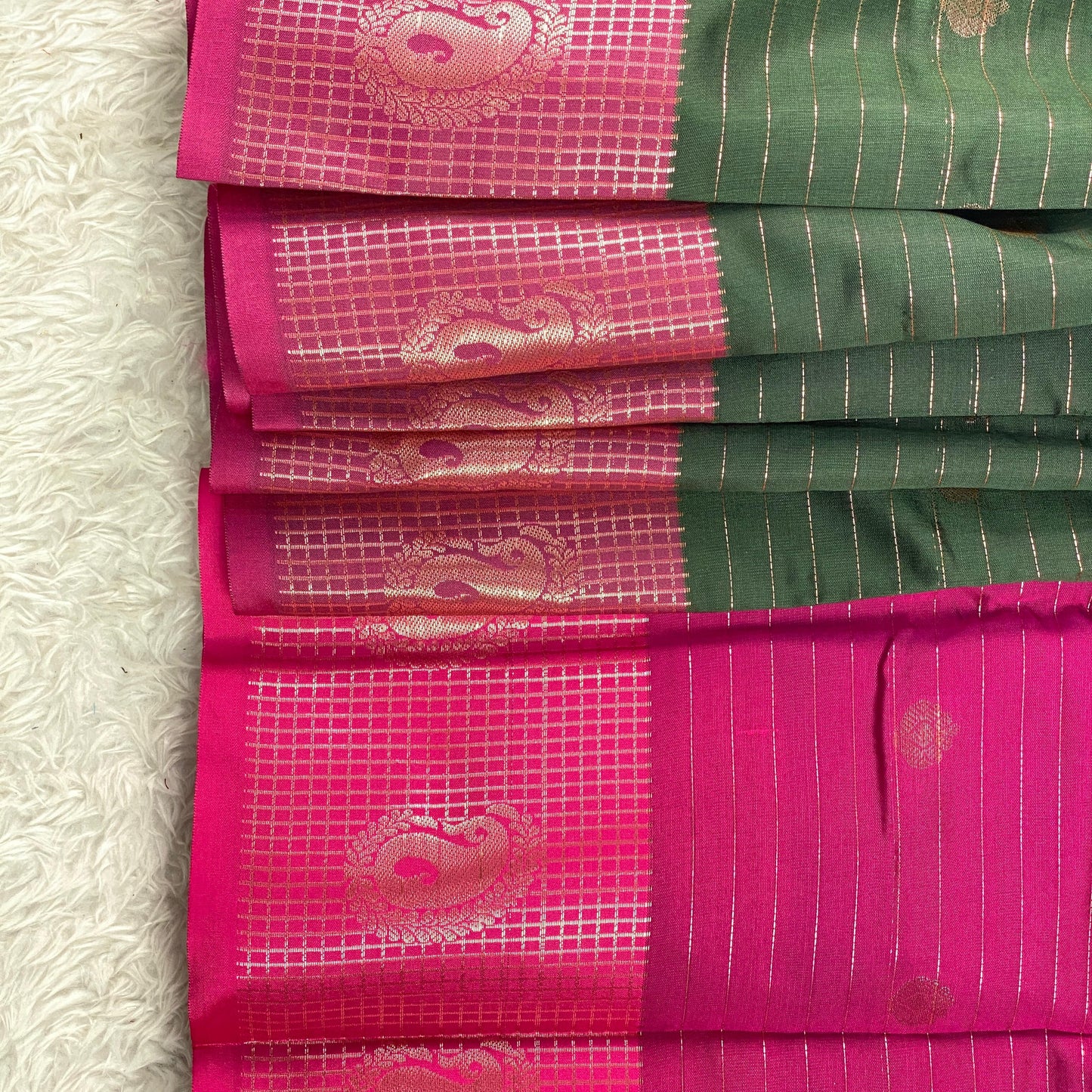 Check Saree Soft Silk with butta designs Dark Green