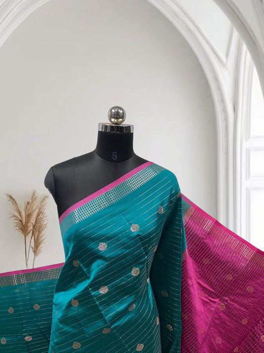 Check Saree Soft Silk with butta designs Peacock Blue