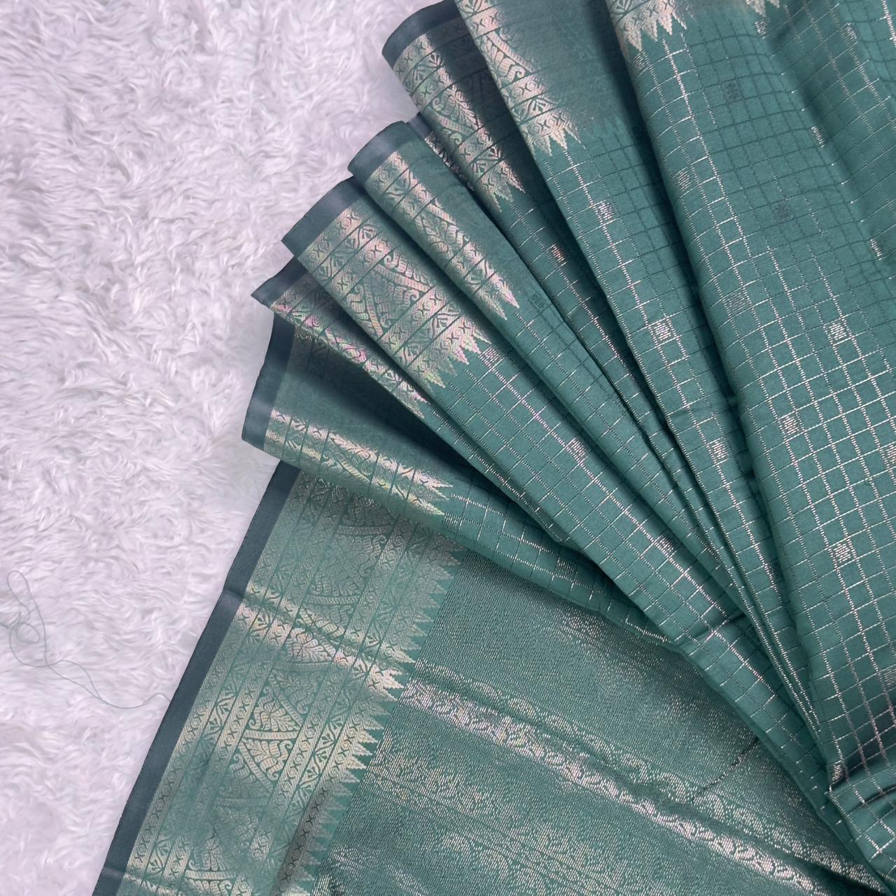 Semi Silk Tissue saree Checks with Triangle Border Dark Green
