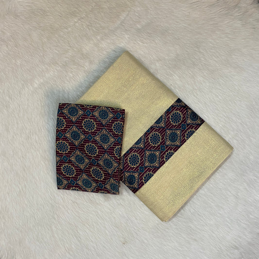 Kerala Saree with Blouse- Ajrak Design