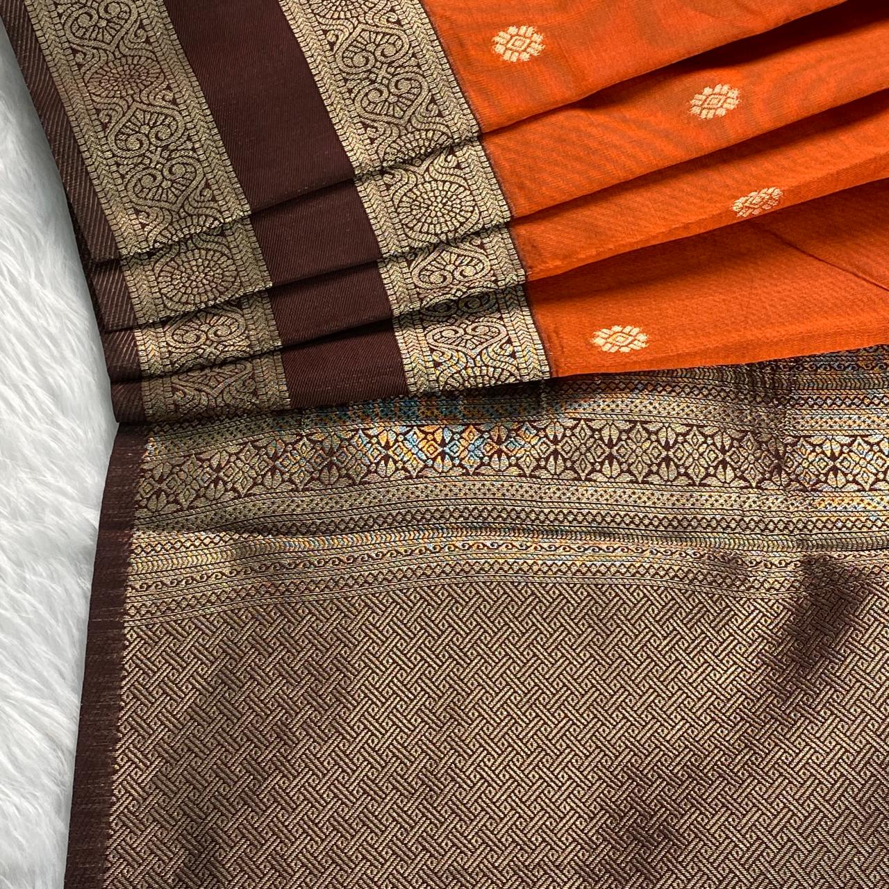 Khushbhu Burnt Orange Butti Silk Saree with Double Zari Border