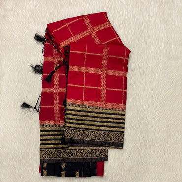 Premium Georgette Red Banarasi Checkered Saree