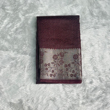 Pure Banarasi Check with Floral Border Brown