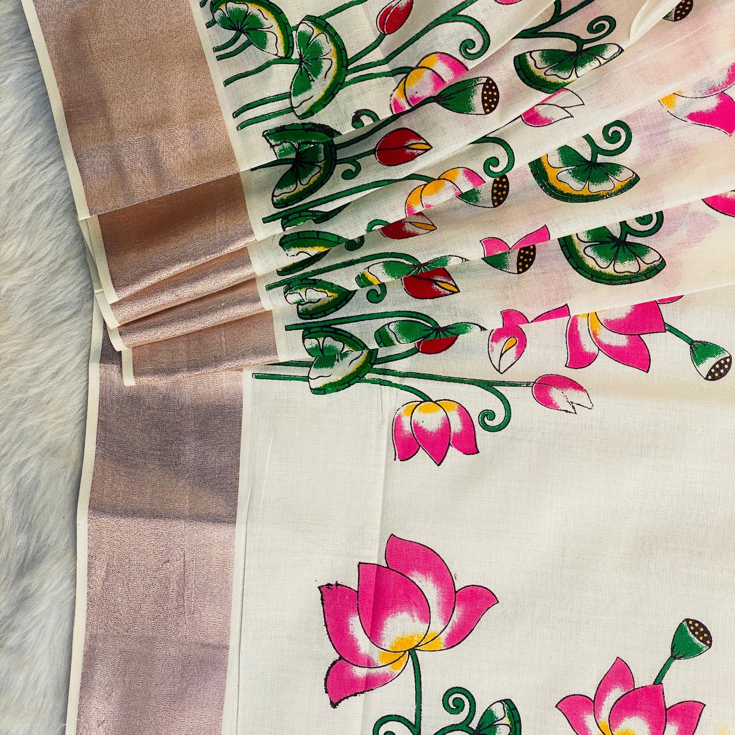 Kamalam Lotus and Peacock Print Cotton Saree