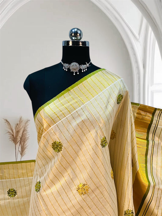 Kerala Saree with Body Full Striped Floral Embroidery Light Green