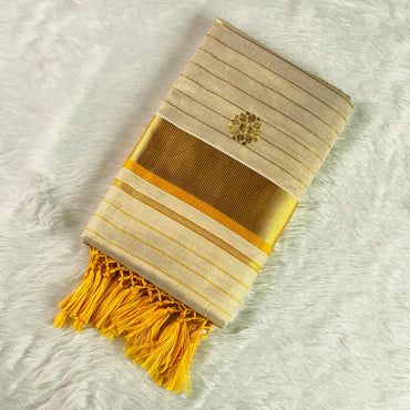 Kerala Saree with Body Full Striped Floral Embroidery Yellow