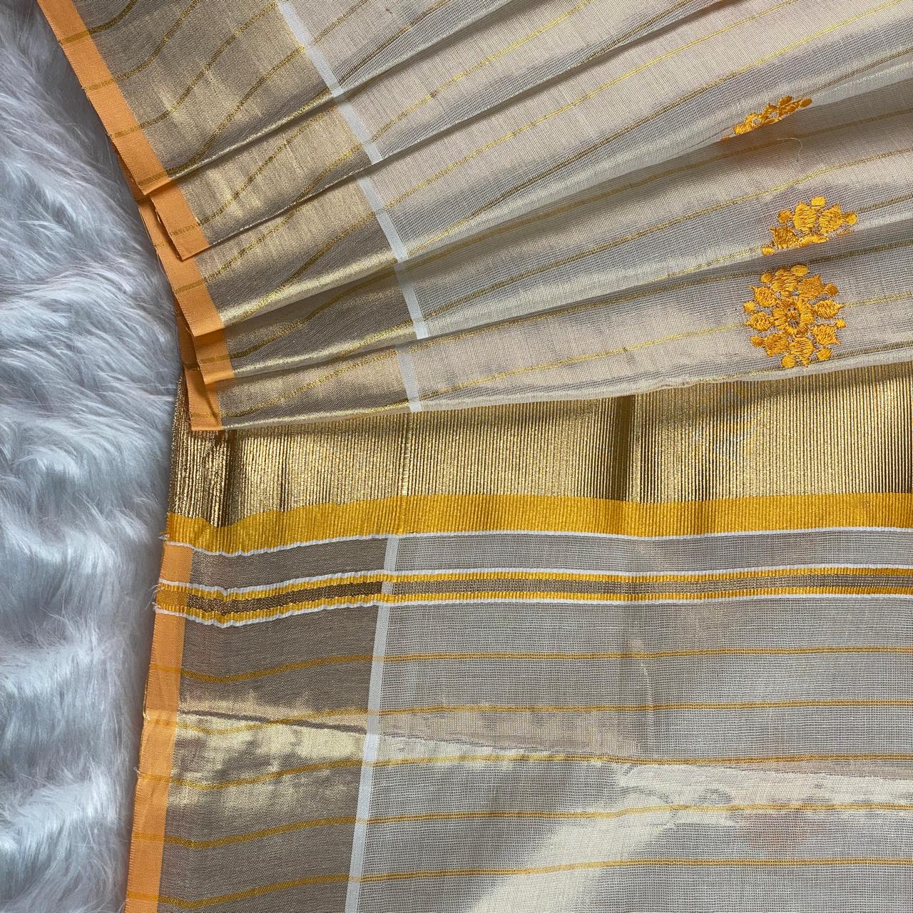 Kerala Saree with Body Full Striped Floral Embroidery Yellow