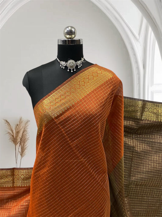 Chanderi Silk Manjari Checks Saree with triangle pattern Border Orange