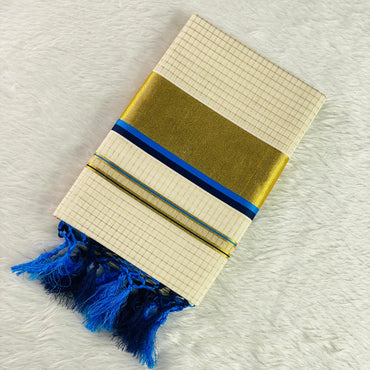Revathi Checkered Kerala Kasavu Saree with Golden & Blue Border with Tassels