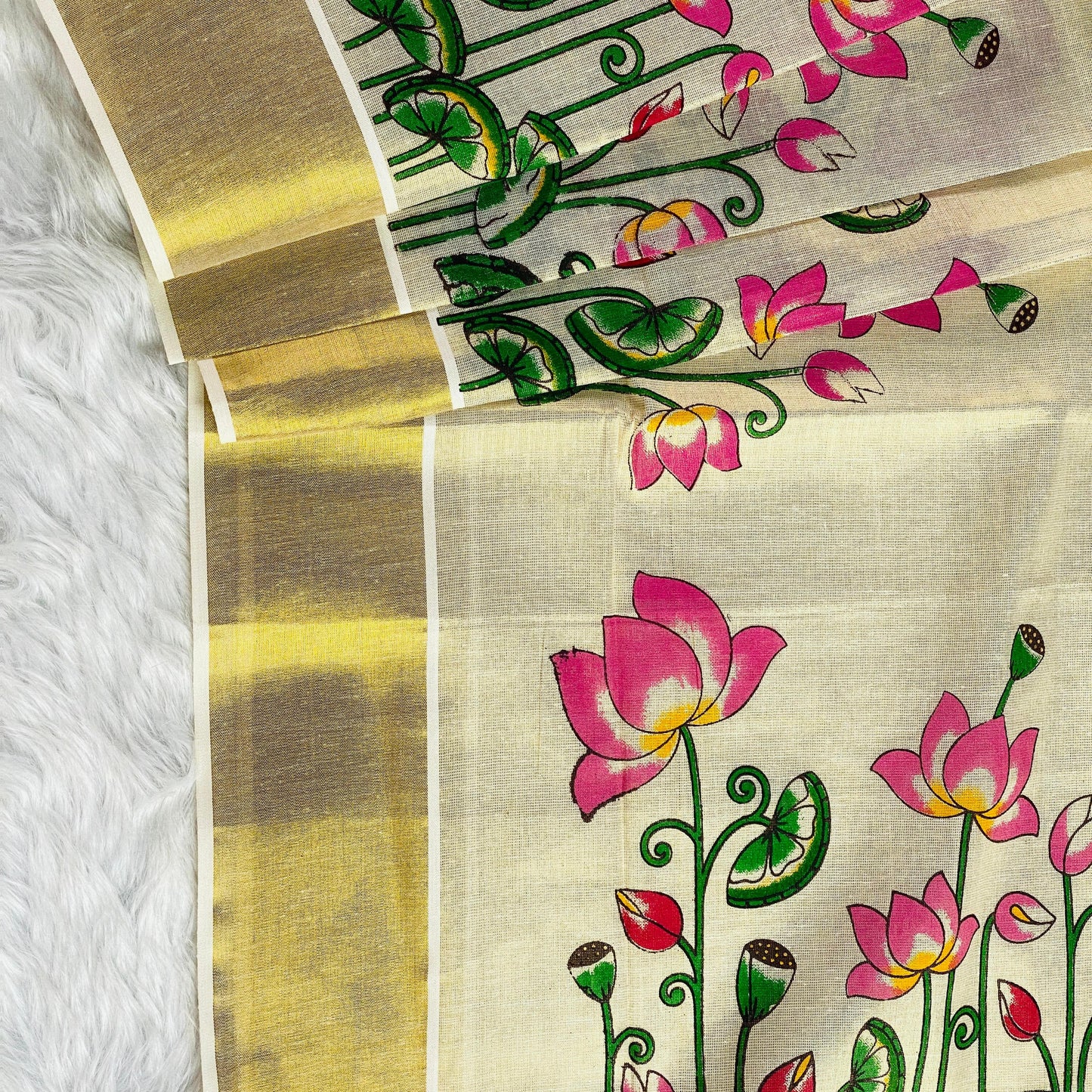 Kamalam Tissue Lotus and Peacock Digital Print Cotton Saree