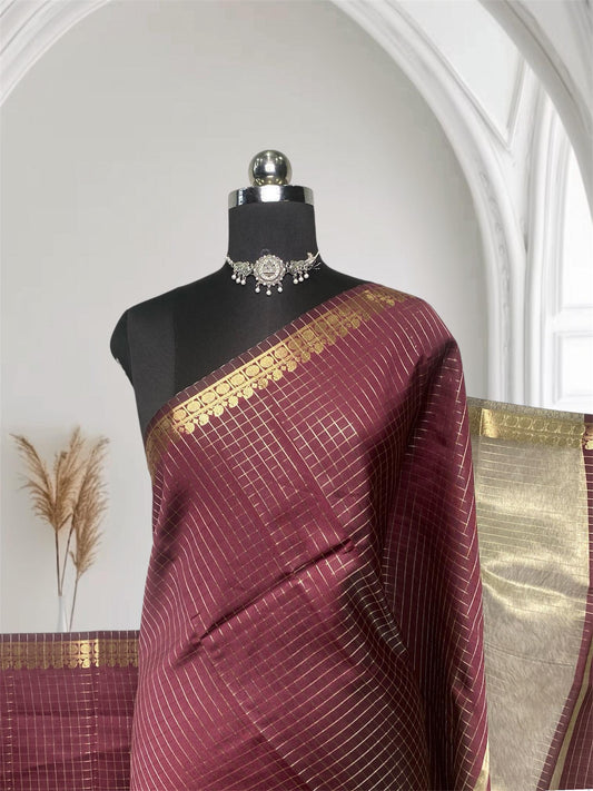 Padmavati Soft Silk Checks Saree with Golden Mango Border Meroon