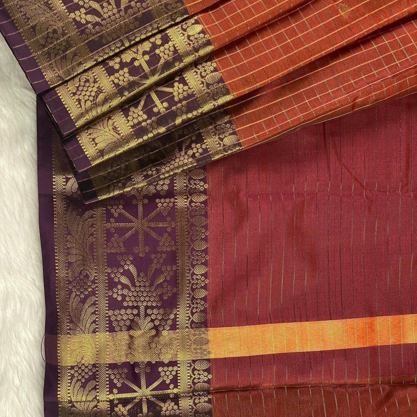 Kumudini Chithra Checks Semi Silk Saree with Designed Border Burnt Orange