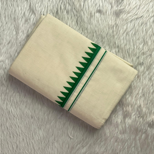 Manthra Kerala Traditional Set Mundu with Temple Triangle Design Green (Dress Code)