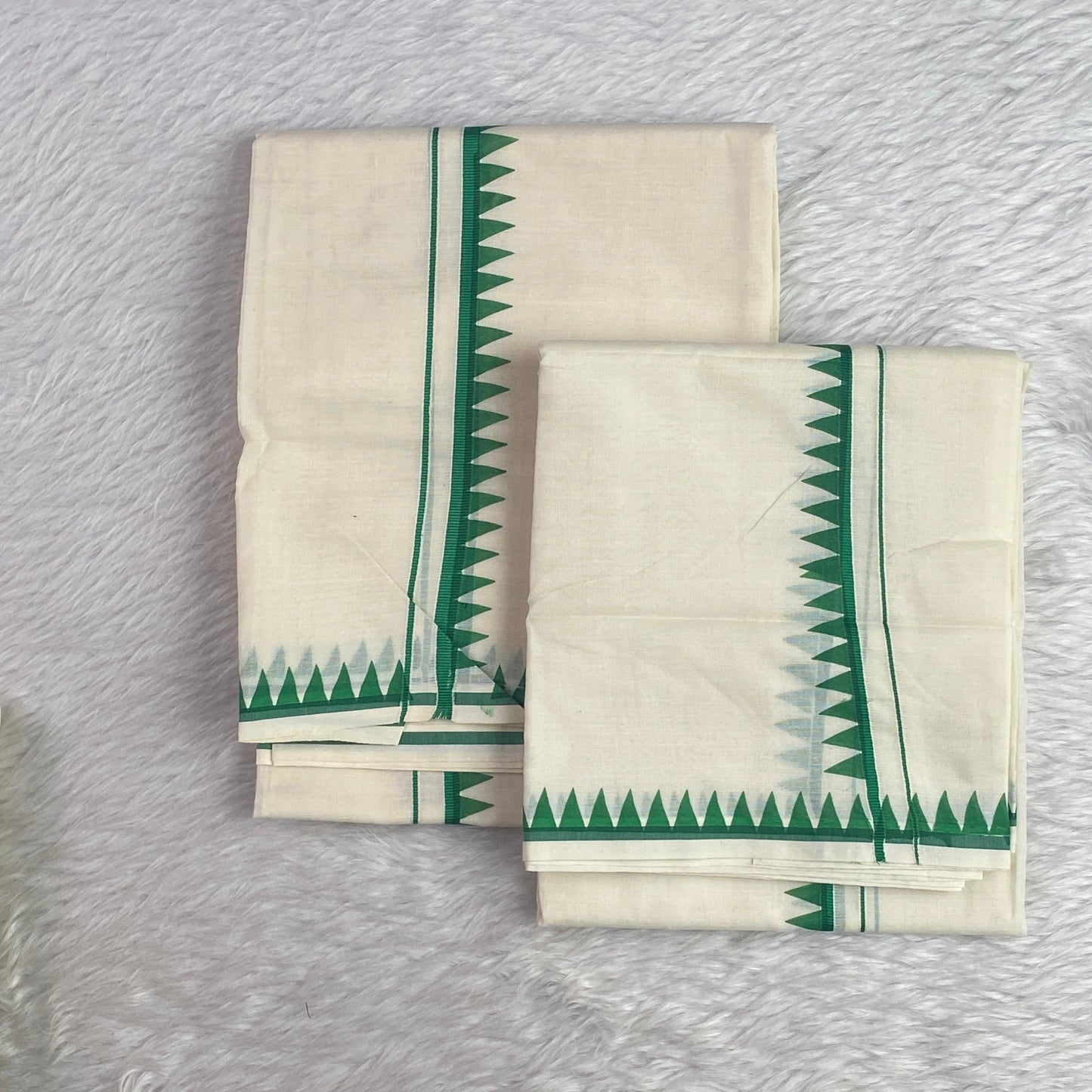 Manthra Kerala Traditional Set Mundu with Temple Triangle Design Green