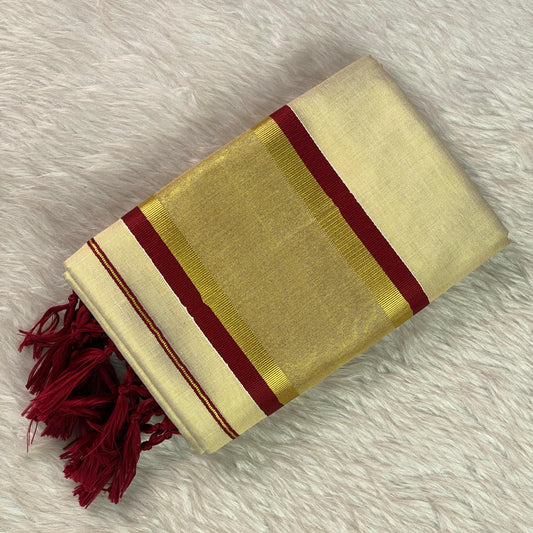 Thiruvathira Traditional Temple Set Mundu with Large Border Maroon
