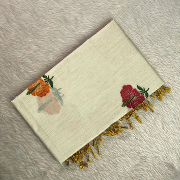 Ambujam Semi Khadi Saree with Hibiscus Design Off White