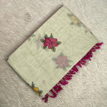 Ambujam Semi Linen Floral Design Saree with Purple Tassels