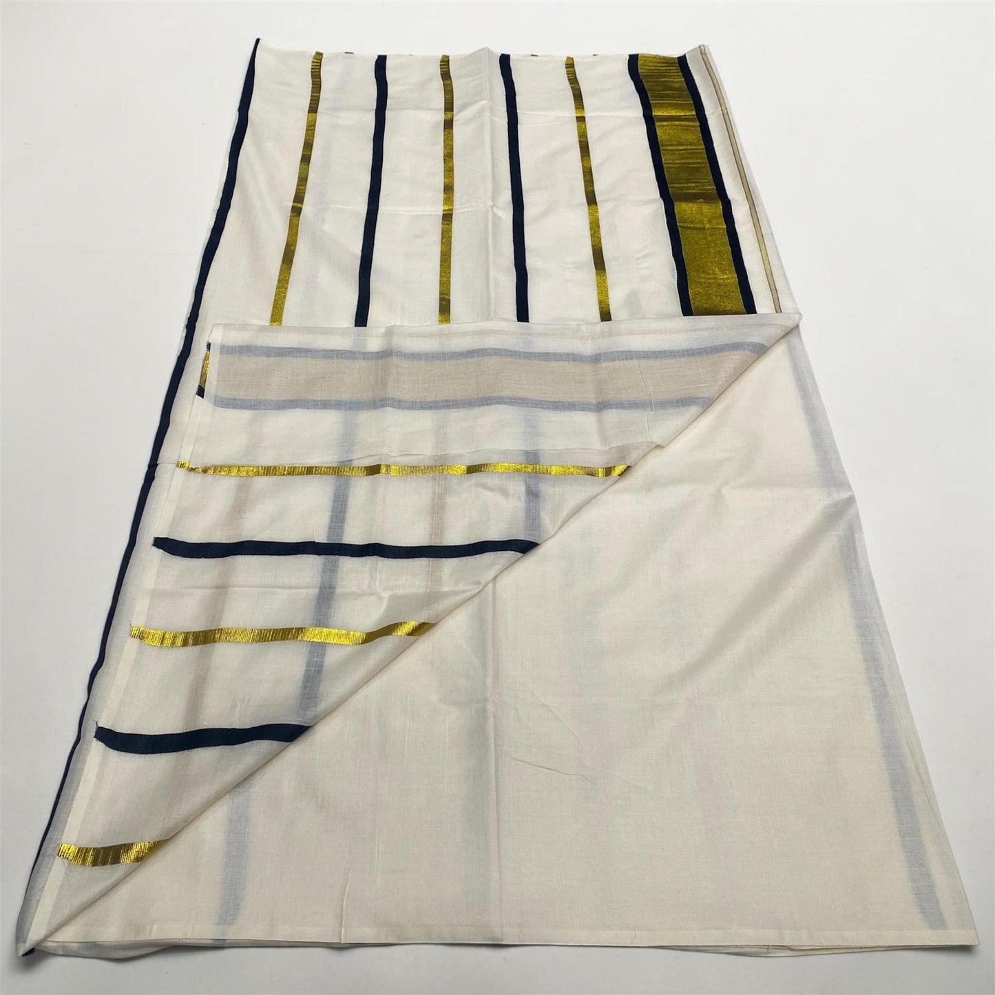 Premium Striped Cotton Set Saree with Black & Golden Kasavu