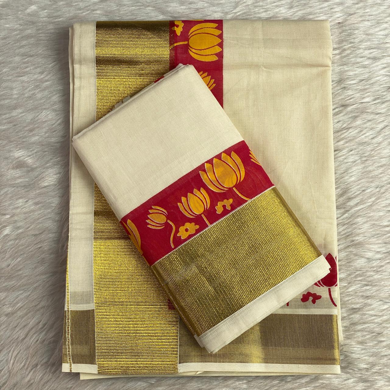 Cotton Set Mund with Red and Golden Lotus Border