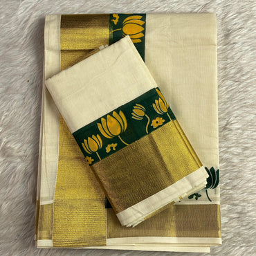Cotton Set Mund with Green and Golden Lotus Border