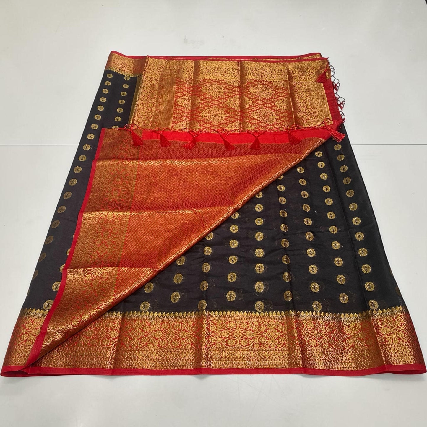 Georgette Saree with Butta Works and Tassels Black