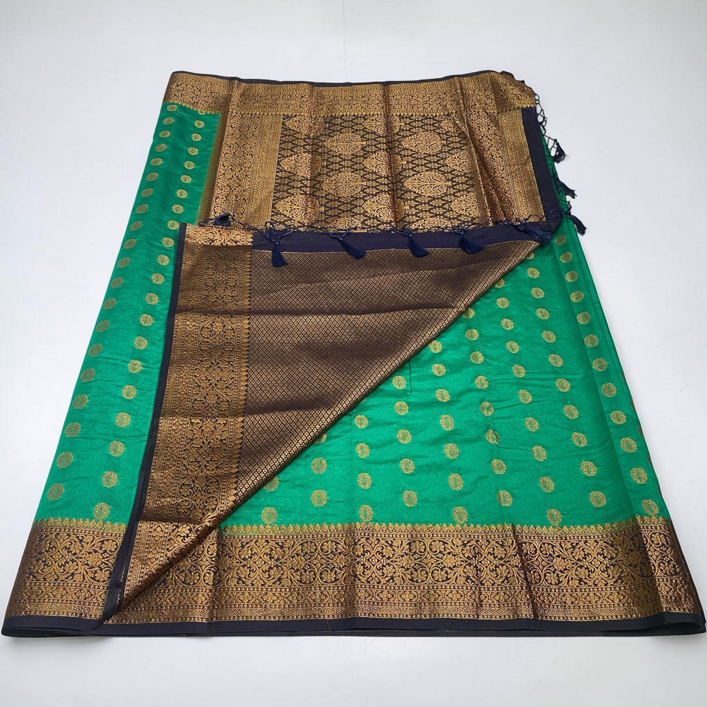 Georgette Saree with Butta Works and Tassels Green