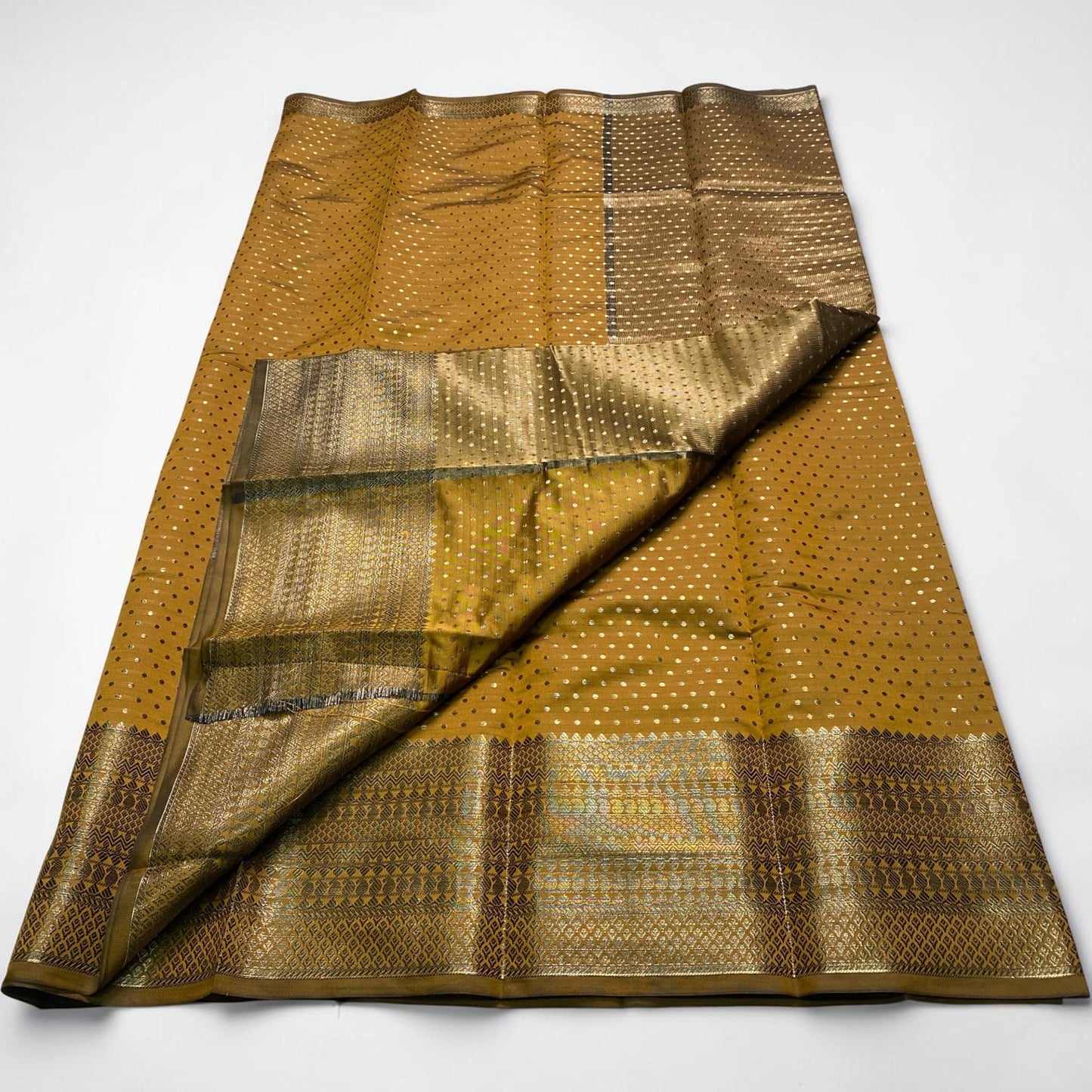 Riya Banarasi Butti Soft silk Saree Mustard Dress Code
