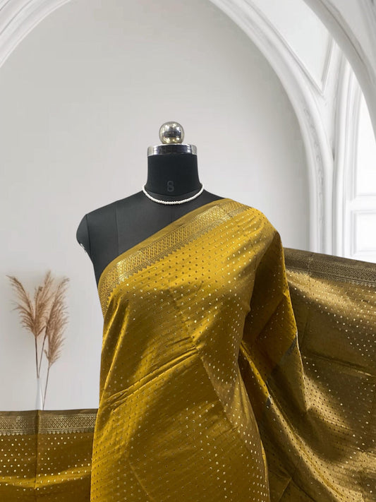 Riya Banarasi Butti Soft silk Saree Mustard Dress Code