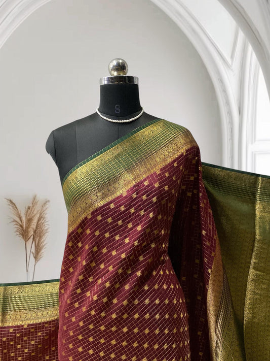 Devara Georgette Banarasi Saree with Golden Zari Square design Maroon