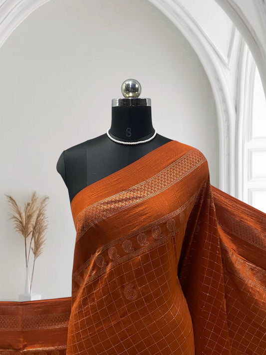 Veda Kashmiri Silk Big Checks Saree with Double Line Border Brown