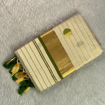 Shobana Uthradam Tissue Kerala Saree with Golden Lines and Butta work Green