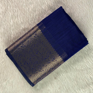 Jaani Blue Semi Linen Saree with Golden Kasavu Border