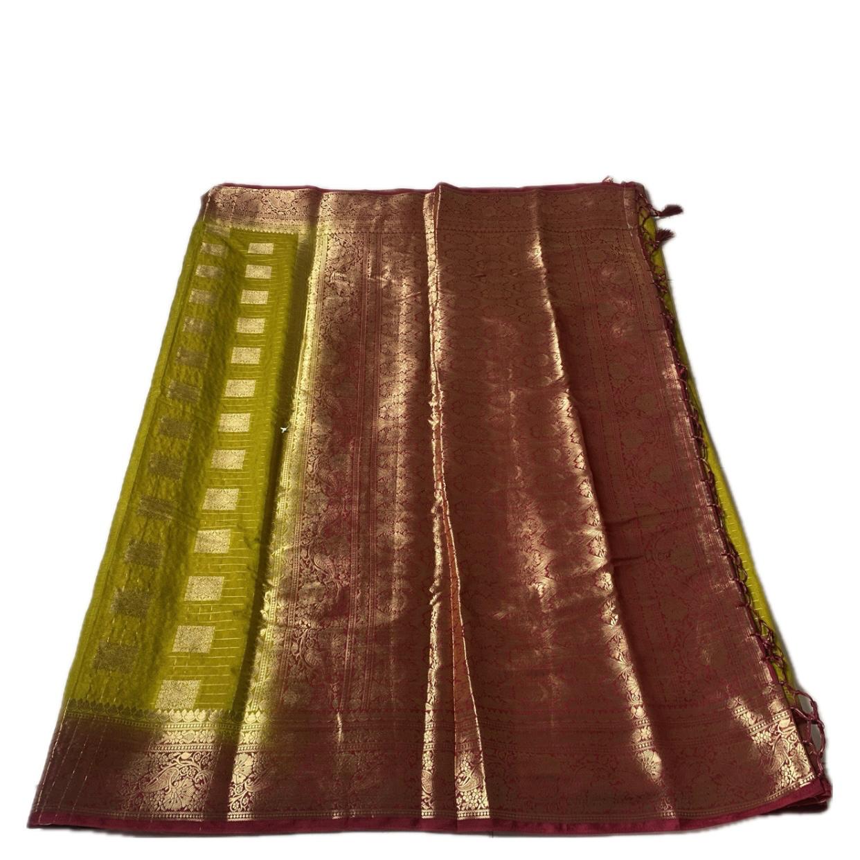 Meenakshi Olive Green Banarasi Saree with Golden Square Design