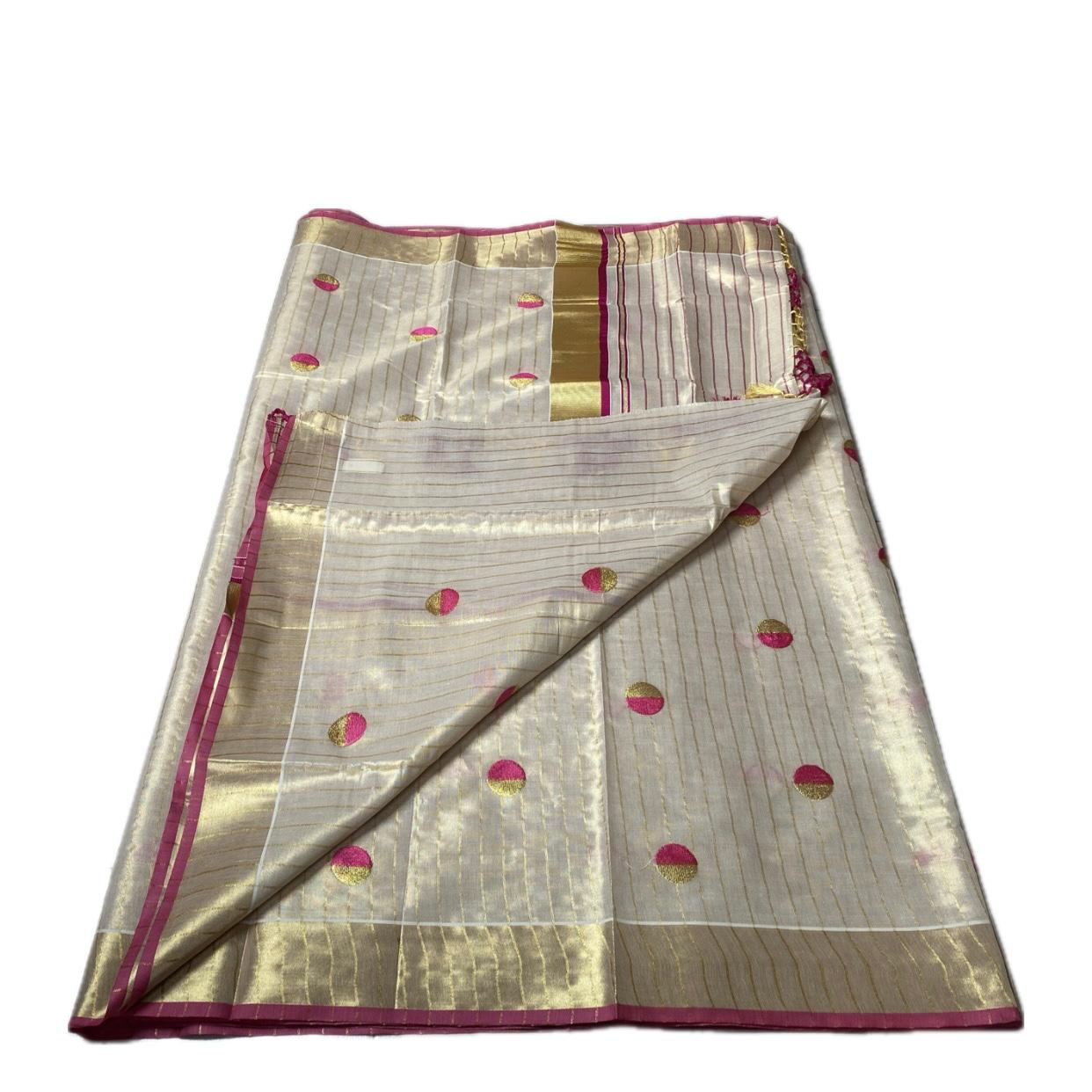 Shobana Uthradam Tissue Kerala Saree with Golden Lines and Butta work Pink