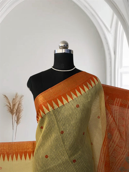 Kavya Checks Saree in Light Yellow with Orange Border