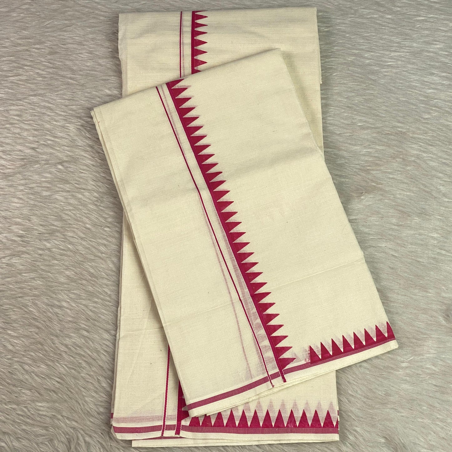 Manthra Kerala Traditional Set Mundu with Temple Triangle Design Pink