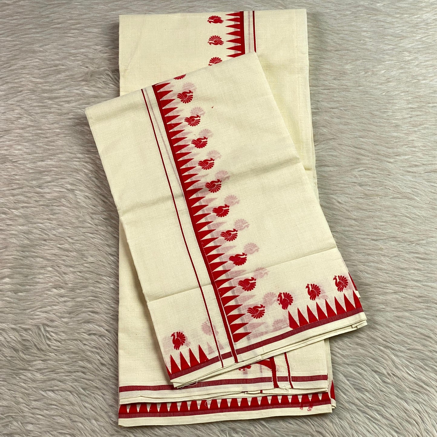 Devaki Peacock & Geometric Motif Set Mundu Red