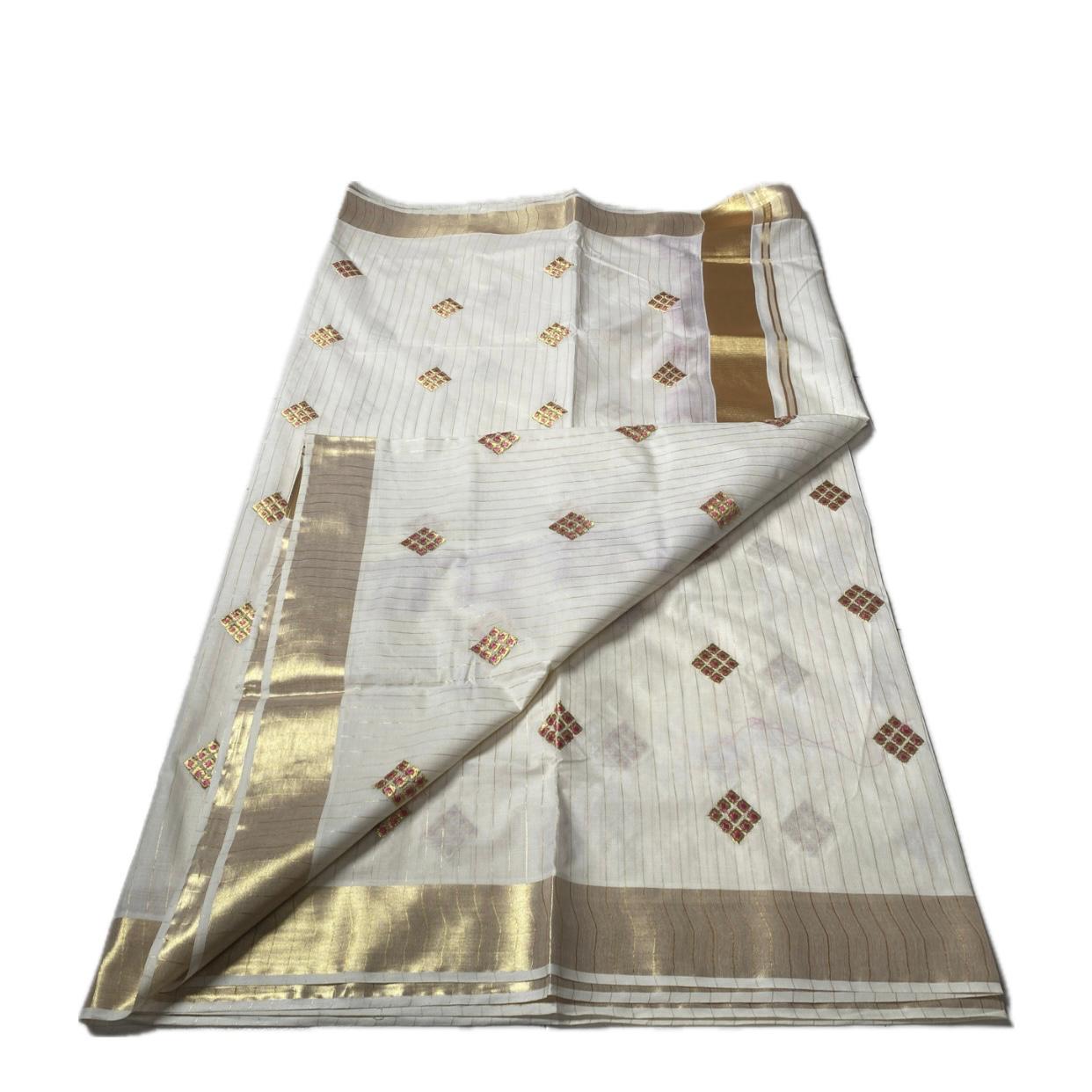 Meenam Pink Kasavu Saree with lines Golden Zari