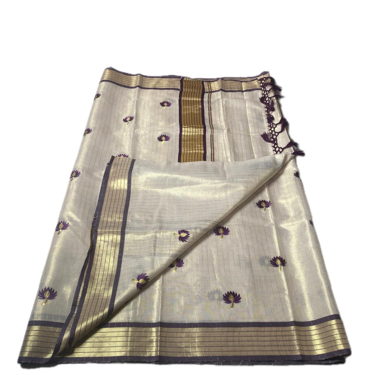 Medam Purple Floral Kasavu Tissue Saree