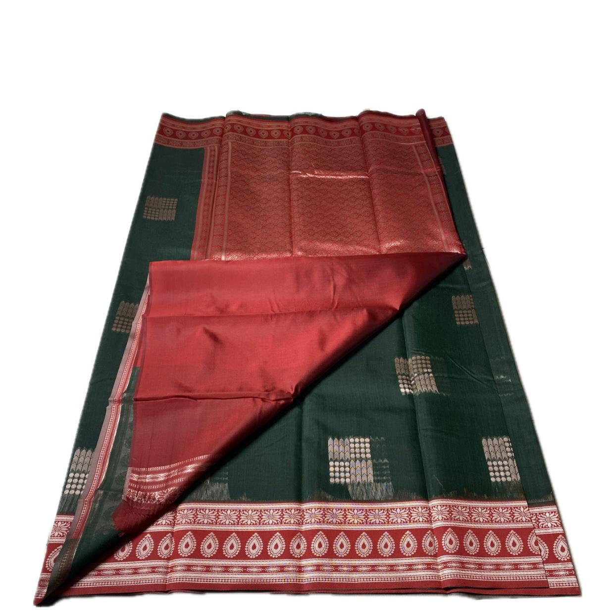 Shivakami Dark Green & Red Chanderi Cotton Silk Saree with Rich Silk Pallu