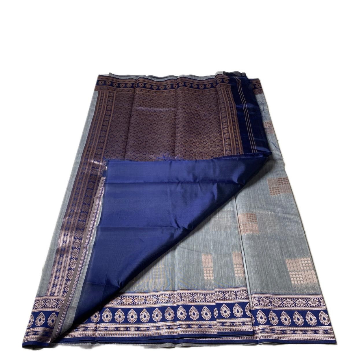 Shivakami Grey & Blue Chanderi Cotton Silk Saree with Rich Silk Pallu