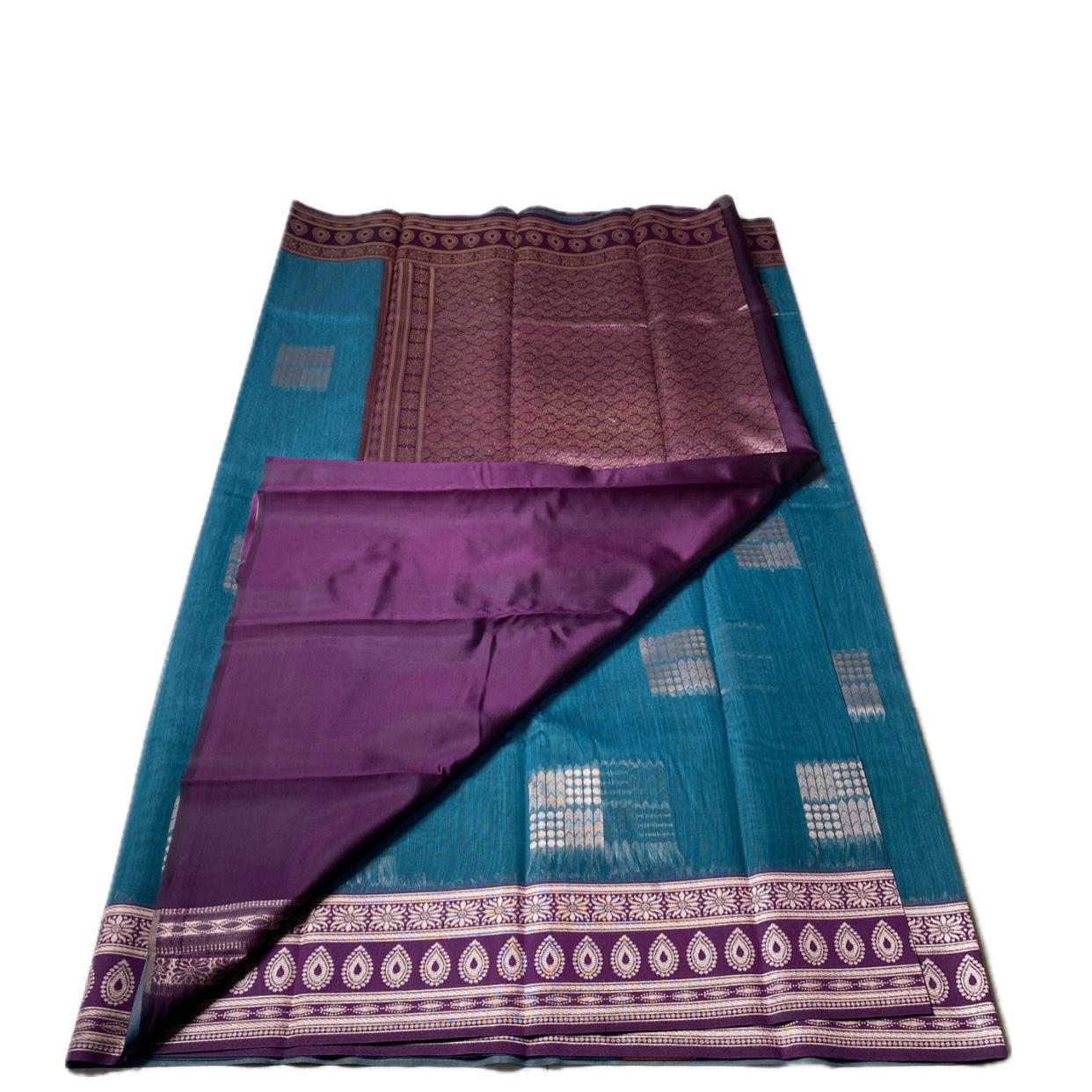 Shivakami Blue & Violet Chanderi Cotton Silk Saree with Rich Silk Pallu