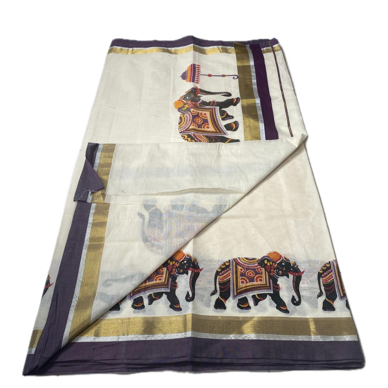 Kerala Cotton Set Saree Elephant Design with Black Border